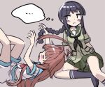  ... ahoge aqua_sailor_collar bangs black_hair black_neckwear blunt_bangs braid brown_hair closed_eyes commentary_request green_sailor_collar green_serafuku green_skirt grey_background hair_ribbon huge_ahoge kantai_collection kitakami_(kantai_collection) kuma_(kantai_collection) lap_pillow long_hair monaka_ooji open_mouth pleated_skirt ribbon sailor_collar school_uniform serafuku shorts sidelocks simple_background single_braid sitting skirt thought_bubble tress_ribbon white_shorts 