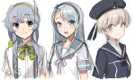  3girls akagi_kurage bangs blue_eyes bow bowtie clothes_writing dress eyebrows_visible_through_hair green_neckwear grey_hair hair_between_eyes hair_ornament hair_scrunchie hairband hat kantai_collection long_hair multiple_girls neckerchief purple_eyes purple_neckwear sagiri_(kantai_collection) sailor_collar sailor_dress school_uniform scrunchie serafuku shirt short_hair sidelocks silver_hair simple_background smile suspenders white_background white_shirt yamagumo_(kantai_collection) z1_leberecht_maass_(kantai_collection) 