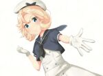  1girl blonde_hair blue_eyes blue_sailor_collar blush closed_mouth dress eyebrows_visible_through_hair gloves hat highres janus_(kantai_collection) kantai_collection kure_jirou reaching_out sailor_collar sailor_dress sailor_hat short_hair short_sleeves simple_background smile solo upper_body white_background white_dress white_gloves white_headwear 