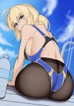  1girl :o ahoge alternate_breast_size artoria_pendragon_(all) artoria_pendragon_(swimsuit_archer) ass blonde_hair blue_eyes blue_sky blue_swimsuit bottle breasts cloud eyebrows eyebrows_visible_through_hair fate/grand_order fate_(series) flat_color highres hirasawa_seiji large_breasts looking_at_viewer looking_back one-piece_swimsuit pantyhose pantyhose_under_swimsuit sitting sketch sky swimsuit tied_hair water_bottle 