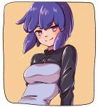  1girl bangs blush breasts eyebrows_visible_through_hair ghost_in_the_shell grimdle kusanagi_motoko medium_breasts purple_hair red_eyes short_hair simple_background smile solo upper_body yellow_background 