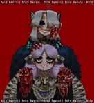  2girls artist_name bangs black_ribbon blood blood_from_mouth blue_eyes blush butterfly_hair_ornament closed_mouth dress drill_hair grey_eyes grin guro hair_ornament hair_ribbon hand_up highres holding holding_skull holy_ravioli long_sleeves looking_at_viewer multiple_girls original parted_bangs purple_hair red_background ribbon ringed_eyes skull smile tagme v 