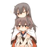  2girls akagi_(kantai_collection) black_eyes black_hair blush brown_hair carrying commentary_request kaga_(kantai_collection) kantai_collection long_hair lowres multiple_girls muneate one_eye_closed piggyback rebecca_(keinelove) short_hair side_ponytail smile 