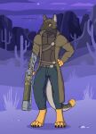  2021 anthro armor belt bethesda_softworks blue_bottomwear blue_clothing blue_jeans blue_pants body_armor bottomwear brown_body brown_coat brown_fur cactus claws clothed clothing cloud coat colored denim denim_clothing detailed_background fallout fur grass hi_res jeans laser_rifle looking_aside male multicolored_body multicolored_fur night night_stalker_(fallout) pants plant ranged_weapon rock shaded signature sky solo standing star starry_sky teeth topwear video_games weapon wolfarion yellow_body yellow_fur 