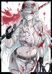  1girl baseball_cap belt black_gloves blood blood_on_breasts blood_on_face bloody_clothes bloody_hair breasts cleavage cowboy_shot duan_henglong fingerless_gloves gloves groin hair_over_one_eye hat hataraku_saibou hataraku_saibou_black highres holding large_breasts long_hair looking_at_viewer midriff navel neutrophil no_bra over_shoulder pants shirt sidelocks silver_eyes silver_hair solo standing sword torn_clothes torn_pants torn_shirt u-1196 weapon weapon_over_shoulder white_pants white_uniform 