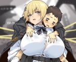  1boy 1girl absurdres arms_behind_back bangs black_jacket blonde_hair blue_eyes blue_neckwear blurry blurry_background blush breast_grab breasts brown_eyes brown_hair button_gap carrying character_name child child_carry collared_shirt commentary_request eyebrows_visible_through_hair girls_frontline grabbing hair_between_eyes hair_ornament highres huge_breasts jacket jacket_on_shoulders long_sleeves looking_at_another magazine_(weapon) neck_ribbon no_mole open_mouth piggyback ribbon shirt short_hair sidelocks snap-fit_buckle snowflake_hair_ornament socks standing striped striped_neckwear sweat tearing_up torn_clothes torn_jacket torn_shirt underbust upper_body upper_teeth vsk-94_(girls_frontline) white_legwear white_shirt whoosaku 