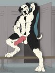  3:4 animal_genitalia animal_penis anthro balls big_penis black_body black_fur blue_eyes body_hair canid canine canine_penis canis digitigrade domestic_dog floppy_ears fur genitals great_dane hand_behind_head happy_trail hi_res knot locker locker_room looking_at_viewer male mammal mastiff mixer1981 molosser muscular muscular_anthro muscular_male nude penis pubes rayorienrico solo towel white_body white_fur 