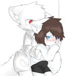  1:1 animal_humanoid anthro blue_eyes blush bottomwear brown_hair bulge canid canid_humanoid canine canine_humanoid canis changed_(video_game) chano clothed clothing coat dr._k_(changed) dry_humping duo erection erection_under_clothing fur grabbing hair hug humanoid lab_coat lin_(changed) male male/male mammal mammal_humanoid pinned_to_wall pockets red_eyes shorts simple_background topwear white_background white_body white_fur wolf wolf_humanoid 