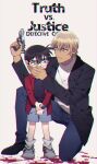  2boys amuro_tooru bangs black-framed_eyewear black_footwear black_jacket black_shirt blonde_hair blood blood_splatter blue_eyes blue_pants brown_hair buttons cardigan child closed_mouth commentary_request copyright_name covering_mouth edogawa_conan english_text full_body glasses grey_shorts gun hair_between_eyes hand_over_another&#039;s_mouth hand_up handgun holding holding_gun holding_weapon jacket k_(gear_labo) long_sleeves looking_at_another looking_to_the_side male_focus meitantei_conan multiple_boys one_knee open_clothes open_jacket open_shirt pants red_shirt serious shirt shoes short_hair shorts simple_background sneakers socks splatter standing watch weapon white_background white_cardigan white_legwear wristwatch 