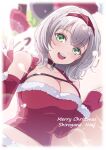  1girl :d adapted_costume bangs bare_shoulders blurry braid breasts character_name chest_strap choker christmas cleavage collarbone depth_of_field elbow_gloves fingerless_gloves fur_trim gloves green_eyes grey_hair hair_between_eyes hairband highres hololive jewelry large_breasts merry_christmas midriff minato_asuka open_mouth pendant red_choker santa_costume shirogane_noel short_hair side_braid silver_hair skin_tight smile solo upper_teeth virtual_youtuber 