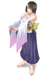  1girl absurdres bangs barefoot breasts brown_hair detached_sleeves eyebrows_visible_through_hair final_fantasy final_fantasy_x hakama heterochromia highres japanese_clothes looking_at_viewer medium_breasts muffin_(sirumeria) print_hakama purple_hakama short_hair smile solo stretch white_background yuna_(ff10) 