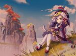  1girl ama73 bandaged_arm bandages bangs black_nails braid coin_hair_ornament dress evening flower frilled_dress frilled_sleeves frills genshin_impact grass hat highres long_hair long_sleeves mountain outdoors pink_eyes pom_pom_(clothes) purple_dress purple_footwear purple_hair qiqi shoes sitting talisman thighhighs tree vision_(genshin_impact) white_flower white_legwear wide_sleeves 