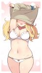  1girl absurdres arms_up blonde_hair blush bra breasts collarbone cowboy_shot flying_sweatdrops gambier_bay_(kantai_collection) groin highres kantai_collection large_breasts long_hair long_sleeves navel open_mouth panties solo suzuki_toto twintails underwear undressing white_bra white_panties 