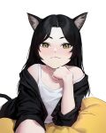 1girl animal_ear_fluff animal_ears bangs bare_shoulders black_hair black_shirt blush brown_eyes cat_ears cat_tail closed_mouth collarbone commentary dongho_kang green_eyes highres long_hair looking_at_viewer lying off_shoulder on_stomach open_clothes open_shirt original parted_bangs shirt smile solo tail upper_body white_background 