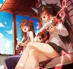  2girls animal_ears bare_legs blue_legwear brown_hair crossed_legs hair_ornament highlights highres hololive instrument long_hair long_sleeves multicolored_hair multiple_girls ookami_mio outdoors ponytail shirt sleeveless star_(symbol) star_hair_ornament sue_(bg-bros) tail_around_leg thighhighs tokino_sora treble_clef ukulele very_long_hair virtual_youtuber white_shirt wolf_ears yellow_eyes 