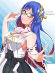  1girl bespectacled blue_background blue_eyes blue_hair breasts collarbone cosplay dated glasses hachiware_(8ware63) highres kantai_collection kirishima_(kantai_collection) kirishima_(kantai_collection)_(cosplay) large_breasts long_hair looking_at_viewer multicolored_hair nontraditional_miko red_hair remodel_(kantai_collection) ribbon-trimmed_sleeves ribbon_trim smile solo south_dakota_(kantai_collection) twitter_username white_hair wide_sleeves 
