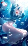  1girl :d absurdres air_bubble bloop_(gawr_gura) blue_eyes blue_theme bubble commentary_request dutch_angle gawr_gura highres hood hoodie looking_at_viewer midriff multicolored_hair okazu_(eightstudio) open_mouth shark_girl smile thighs thong underwater 