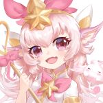  1girl alternate_color animal_ears fang headpiece holding holding_staff league_of_legends long_hair looking_at_viewer lulu_(league_of_legends) magical_girl natsuichi-sama open_mouth pink_eyes pink_hair pix skin_fang smile staff star_(symbol) star_guardian_(league_of_legends) star_guardian_lulu tiara upper_body yordle 