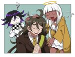 1girl 2boys ahoge bangs black_hair border brown_hair brown_jacket checkered checkered_neckwear checkered_scarf clenched_teeth closed_eyes crossed_arms danganronpa_(series) danganronpa_v3:_killing_harmony dark_skin dark_skinned_male detached_wings furukawa_(yomawari) glasses gokuhara_gonta green_background green_hair green_neckwear halo hands_clasped hands_together highres jacket long_hair long_sleeves low_twintails messy_hair multiple_boys necktie open_mouth ouma_kokichi own_hands_together petting purple_hair scarf shell shell_bikini shiny shiny_hair skirt smile squiggle teeth twintails white_border white_hair white_jacket white_skirt wings yellow_jacket yonaga_angie 