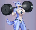  2021 abs anthro big_breasts bodily_fluids breasts canid canine canis digimon digimon_(species) exercise female genitals hi_res looking_at_viewer magnetus mammal muscular muscular_anthro muscular_female nipples pussy pussy_floss simple_background solo sweat weightlifting weregarurumon wolf workout 