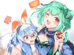  2girls animal_ears arm_around_neck bangs breasts bunny_ears burn_mark cleavage cleavage_cutout clothing_cutout cosplay crossover double_bun elphe from_above gen_8_pokemon green_eyes hair_ornament heart highres holding holding_poke_ball hololive looking_down looking_up multiple_girls one_eye_closed open_hand open_mouth poke_ball pokemon pokemon_(game) pokemon_swsh scorbunny scorbunny_(cosplay) short_eyebrows short_hair skull_hair_ornament small_breasts spoken_heart tearing_up trait_connection uruha_rushia usada_pekora virtual_youtuber 