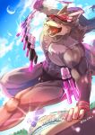  anthro bulge canid canine canis clothing fangs fur glowstick grey_body grey_fur male mammal managarmr_(housamo) moon muscular muscular_anthro muscular_male open_mouth solo tokyo_afterschool_summoners underwear video_games wolf yu_chi_i 