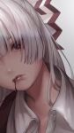  1girl 8mi500 bangs biting blood blood_from_mouth blood_on_face blood_trail bow close-up collared_shirt eyebrows_behind_hair fujiwara_no_mokou grey_background grey_hair grey_shirt hair_bow hair_over_eyes hair_over_shoulder half_updo head_out_of_frame head_tilt highres hime_cut lip_biting lips long_hair looking_at_viewer out_of_frame parted_lips portrait red_bow red_eyes shirt sidelocks silver_hair solo straight_hair suspenders teeth touhou two-tone_bow white_bow white_hair white_shirt wing_collar 