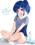  1girl :d aikatsu! aikatsu!_(series) anz32 blue_eyes blue_hair blue_scrunchie bottle commentary_request crossed_ankles dated grey_shirt hair_ornament hair_scrunchie happy_birthday kiriya_aoi looking_at_viewer open_mouth scrunchie shirt shoe_soles shoes short_shorts short_sleeves shorts side_ponytail sitting smile solo star_(symbol) star_print towel twitter_username water_bottle white_background white_footwear white_shorts 