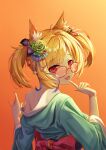  1girl ahoge animal_ear_fluff animal_ears arknights bangs bare_shoulders blonde_hair blush bow dddsunsky eyebrows_visible_through_hair fang finger_to_mouth finger_to_tongue flower glasses gradient gradient_background green_flower green_rose hair_bow hair_flower hair_ornament hands_up highres japanese_clothes kimono looking_at_viewer looking_back open_mouth orange_background purple_bow red_bow red_eyes rose short_hair sidelocks solo sora_(arknights) tongue tongue_out twintails upper_teeth wolf_ears 