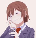  1girl 1other blazer brown_hair closed_eyes commentary_request grey_background hand_on_another&#039;s_face highres jacket kill_me_baby necktie oribe_yasuna red_neckwear school_uniform short_hair simple_background smile tsuki_(rrap5725) twitter_username upper_body 