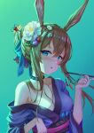  1girl :o amiya_(arknights) animal_ears arknights bangs bare_shoulders blue_background blue_eyes blue_ribbon blush breasts brown_hair bunny_ears carrot choker cleavage collarbone dddsunsky eyebrows_visible_through_hair flower gradient gradient_background green_background hair_between_eyes hair_flower hair_ornament hair_over_breasts hair_ribbon highres holding japanese_clothes jewelry kimono larten_crepsley long_hair looking_at_viewer open_clothes parted_lips ribbon ring saliva saliva_trail sidelocks solo 