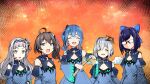  5girls amane_kanata axe bangs bare_tree blue_dress blue_hair blue_sleeves blunt_bangs closed_eyes cosplay detached_sleeves dress flat_chest glasses halo hat holding holding_axe hololive hoshimachi_suisei long_hair looking_at_viewer multicolored_hair multiple_girls murasaki_shion natsuiro_matsuri one_side_up open_mouth pink_hair short_hair side_ponytail silver_hair smile streaked_hair swept_bangs tenbin_gashira tree upper_body uruha_rushia uruha_rushia_(cosplay) virtual_youtuber wings yellow_eyes yuujin_a_(hololive) 