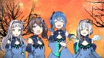  4girls amane_kanata axe bangs bare_tree blue_dress blue_hair blue_sleeves blunt_bangs closed_eyes cosplay detached_sleeves dress flat_chest halo hat holding holding_axe hololive hoshimachi_suisei long_hair looking_at_viewer multicolored_hair multiple_girls murasaki_shion natsuiro_matsuri one_side_up open_mouth pink_hair short_hair side_ponytail silver_hair smile streaked_hair tenbin_gashira tree upper_body uruha_rushia uruha_rushia_(cosplay) virtual_youtuber wings yellow_eyes 