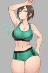  1girl 2021 agawa_ryou breasts brown_hair cleavage collarbone commentary curvy dated english_commentary grey_background looking_at_viewer midriff navel one_eye_closed original short_hair short_shorts shorts signature simple_background solo sweatdrop tank_top thick_thighs thighs toned wide_hips 