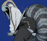  1girl =_= black_shorts blue-tongued_skink blue-tongued_skink_(sparrowl) blue_background claws colored_skin fine_fabric_emphasis flying_sweatdrops from_side grey_hair grey_legwear grey_skin gym_shorts highres hood hood_up hoodie hoodie_pull large_tail leaning_forward lizard_girl lizard_tail long_sleeves monster_girl multicolored multicolored_skin original scales shorts signature simple_background solo sparrowl standing struggling tail tail_lift thighhighs trembling two-tone_skin undersized_clothes 
