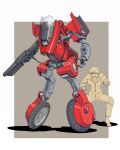  1boy 1other akira barefoot biker_clothes energy_gun ground_vehicle headless highres joints jumpsuit kaneda_shoutarou kaneda_shoutarou&#039;s_bike laser_rifle mecha mechanization motor_vehicle motorcycle robot_joints solo_focus sukabu weapon 