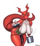  2021 anthro apron apron_only big_breasts breasts clothing digimon digimon_(species) erection genitals guilmon gynomorph hi_res intersex looking_at_viewer magnetus mostly_nude nipples penis pot_(disambiguation) simple_background solo vein veiny_penis 