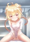  1girl ahoge andira_(granblue_fantasy) animal_ears bangs bare_shoulders blonde_hair blurry blurry_background blush bottomless breasts closed_mouth erune eyebrows_visible_through_hair granblue_fantasy hair_between_eyes highres kimblee looking_at_viewer medium_breasts monkey_ears monkey_tail no_hairband no_panties red_eyes short_hair smile solo tail tail_raised two_side_up 