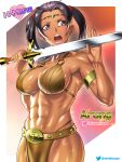  1girl abs armlet armor arung_samudra_(cessa) belt belt_buckle bikini bikini_armor black_hair breasts brown_bikini buckle circlet cleavage collarbone commentary_request cosplay dark_skin dark_skinned_female english_commentary fingernails h-mune he-man he-man_(cosplay) holding holding_sword holding_weapon large_breasts loincloth masters_of_the_universe muscular muscular_female navel o-ring o-ring_top oiled ombok_diving_and_delivery_services open_mouth purple_eyes shiny shiny_skin short_hair short_twintails solo studded_belt swimsuit sword sword_of_power thick_thighs thighs twintails upper_body upper_teeth very_dark_skin w_arms weapon 