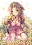  1girl aerith_gainsborough ankle_boots arm_at_side black_footwear blush boots bracelet braid breasts brown_hair cleavage closed_mouth dress final_fantasy final_fantasy_vii fingernails flower forehead full_body green_eyes holding holding_flower jacket jewelry kink large_breasts long_fingernails long_hair looking_at_viewer nail_polish nose_blush open_clothes open_jacket pelvic_curtain petals pink_dress pink_nails red_jacket short_sleeves sidelocks simple_background single_braid sitting smile solo thigh_strap unzipped very_long_hair white_background yellow_flower 