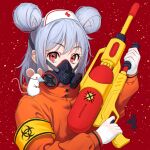  1girl animal animal_on_shoulder armband bangs chinese_zodiac commentary_request double_bun english_text eyebrows_visible_through_hair gas_mask gloves gun hat highres holding holding_gun holding_weapon jacket light_purple_hair looking_at_viewer mask mouse nurse_cap on_shoulder orange_jacket original red_background red_cross short_hair solo turtleneck turtleneck_jacket upper_body weapon white_gloves white_headwear wuuyaw year_of_the_rat 