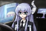  1girl aqua_eyes black_neckwear blue_eyes blue_hair car_interior commentary_request expressionless eyebrows_visible_through_hair glasses hair_between_eyes horns kiseijou_rei long_hair necktie neptune_(series) open_mouth semi-rimless_eyewear shimontaru shirt single_horn solo under-rim_eyewear upper_body white_shirt 