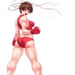  1girl ass back brown_eyes brown_hair buruma butt_crack clenched_hands covered_nipples cowboy_shot fingerless_gloves from_behind gloves headband impossible_clothes kasugano_sakura kneepits looking_at_viewer looking_back midriff muscular muscular_female open_mouth red_buruma red_gloves red_sports_bra short_hair shouting shu-mai simple_background skin_tight solo sports_bra standing street_fighter thick_thighs thighs upper_teeth white_background white_headband 