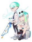  1boy 1girl absurdres aqua_hair aqua_tongue artist_name autobomb_(splatoon) bandaid bandaid_on_face bandaid_on_nose bangs bike_shorts black_footwear black_shorts blue_neckwear blunt_bangs bowl_cut classic_squiffer_(splatoon) closed_mouth commentary copyright_name domino_mask dress_shirt english_text eyewear_on_head fang frown grey-framed_eyewear grey_eyes grey_footwear head_rest highres holding holding_weapon inkling knee_up leggings long_hair long_sleeves looking_at_viewer mask mikoshiba_m necktie no_socks open_mouth pointy_ears shirt shoes short_shorts shorts signature simple_background single_vertical_stripe sitting smile sneakers splatoon_(series) splatoon_2 standing sunglasses sweater tentacle_hair untucked_shirt weapon white_background white_shirt white_sweater wing_collar 