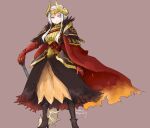  1girl alternate_costume axe aymr_(weapon) cape edelgard_von_hresvelg feathers fire_emblem fire_emblem:_three_houses gloves hair_bun holding holding_axe horned_headwear horns jewelry long_hair looking_at_viewer purple_eyes red_cape robaco simple_background solo weapon white_hair 