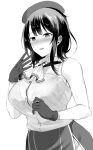  1girl ascot bare_shoulders beret black_gloves blouse blush breasts gloves hand_to_own_mouth hat highres kantai_collection large_breasts monochrome open_mouth senbei_(senbe_i) short_hair sidelocks solo takao_(kantai_collection) upper_body white_blouse 