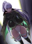 1girl al_phantom bangs breasts cameltoe cape covered_navel curvy elbow_sleeve eyebrows_visible_through_hair green_legwear gun high_ponytail highres huge_breasts knife_in_mouth last_origin leotard long_ponytail mouth_hold open_door otogi_tetsurou poncho purple_hair red_eyes standing submachine_gun thighhighs thighs tile_floor tiles weapon wide_hips 