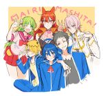  2girls 3: 4boys ;d ahoge andro_m._jazz asmodeus_alice azazel_ameri babyls_school_uniform black_hair blonde_hair blue_eyes blue_hair blue_jacket blush bow curled_horns demon_boy demon_girl green_eyes green_hair grin hand_on_another&#039;s_shoulder highres horns jacket kippu mairimashita!_iruma-kun multiple_boys multiple_girls one_eye_closed open_clothes open_jacket open_mouth orange_background pink_eyes pink_hair pleated_skirt pointy_ears red_bow red_eyes red_hair red_sailor_collar red_skirt romaji_text sailor_collar school_uniform serafuku sharp_teeth shax_lead signature sketch skirt smile spiked_hair suzuki_iruma teeth upper_teeth v v-shaped_eyebrows valac_clara waving yellow_eyes 