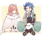  1boy 1girl blue_hair boots braid commentary_request cu_chulainn_(fate)_(all) dog elbow_gloves fate/grand_order fate/grand_order_arcade fate_(series) fur_coat gloves hanagata indian_style lancer looking_at_another medb_(fate)_(all) medb_(fate/grand_order) pink_eyes pink_hair red_eyes sandals simple_background sitting smile spiked_hair tiara white_background younger 