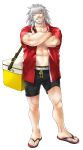  1boy abs buttons cooler crossed_arms fate/extra fate_(series) full_body grey_hair highres imoda looking_at_viewer male_focus male_swimwear medium_hair muscular muscular_male old old_man open_clothes open_shirt pectorals red_eyes red_shirt sandals shirt smile solo swim_trunks swimwear vlad_iii_(fate/extra) 